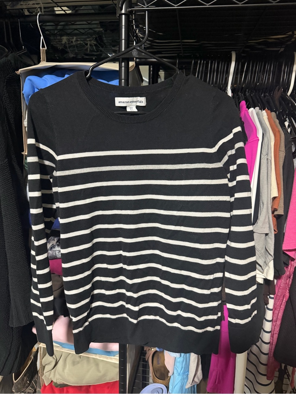 Amazon Essentials Woman’s Black and White Striped Crewneck Sweater